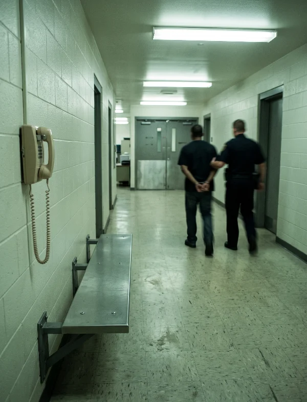 Illustration of an officer leading a handcuffed man down a fluorescent-lit jail booking corridor. Not an actual scene from the case.