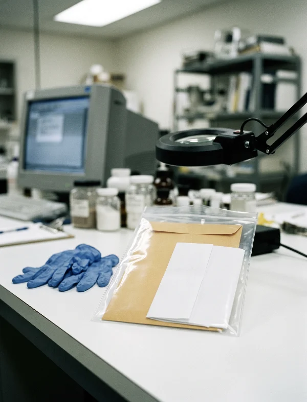 Illustration of a sealed evidence bag holding an envelope on a forensic lab table beside gloves and a magnifying lamp. Not an actual scene from the case.