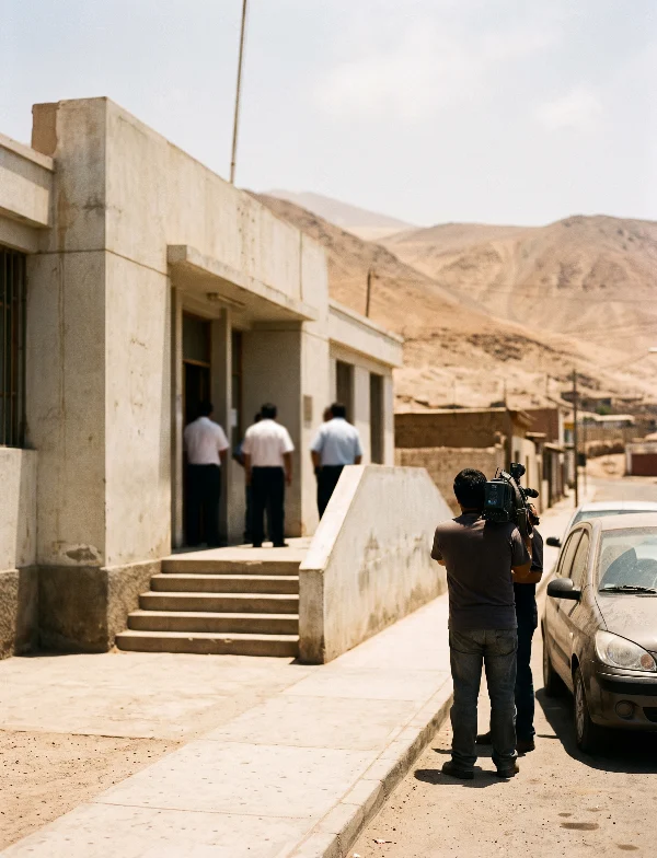 Illustration of a camera crew and three men at the steps of a concrete court building in a Chilean desert port town. Not an actual scene from the case.
