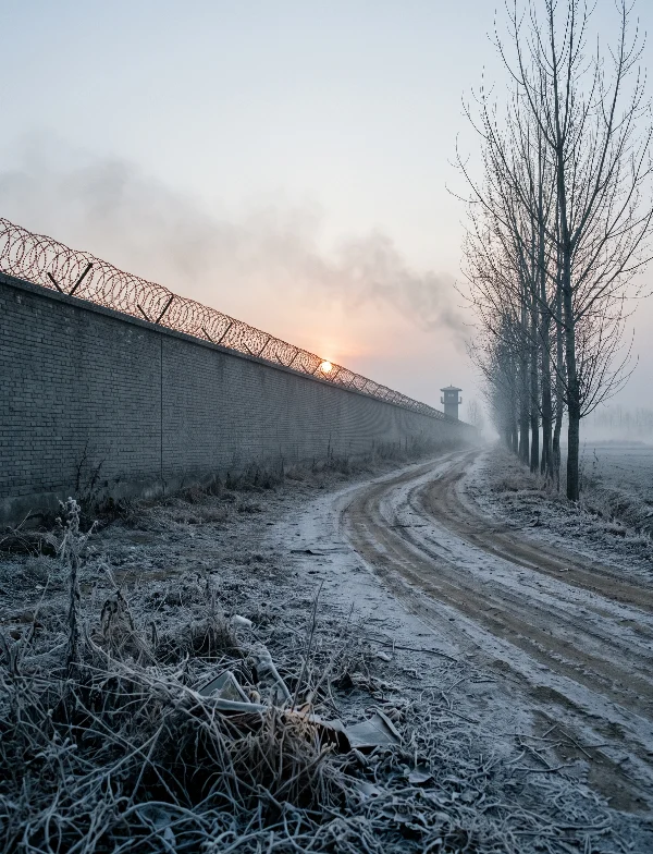 Illustration of a frosty dirt road running beside a long razor-wire prison wall in rural China at dawn. Not an actual scene from the case.