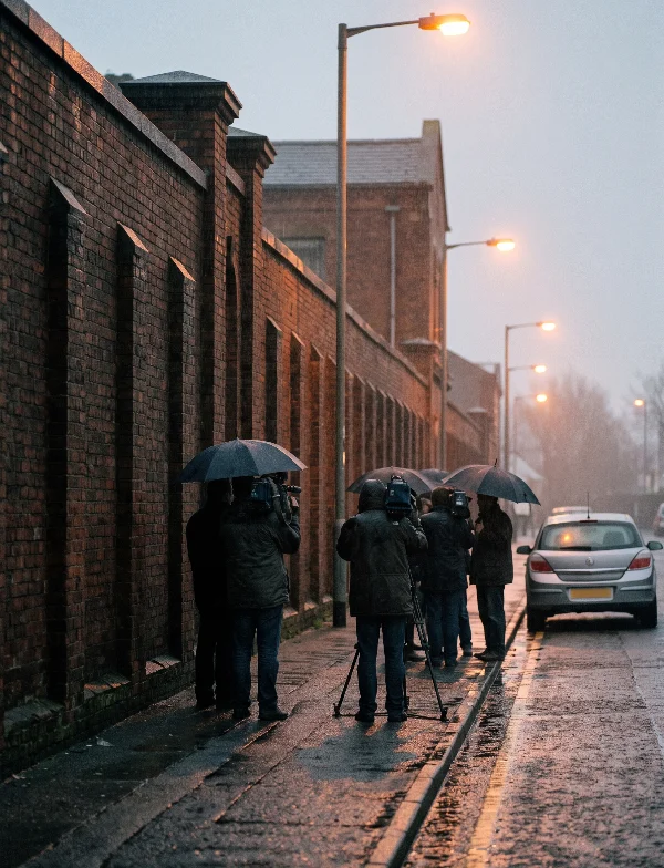 Illustration of a television crew under umbrellas beside a high brick prison wall on a wet winter morning in northern England. Not an actual scene from the case.