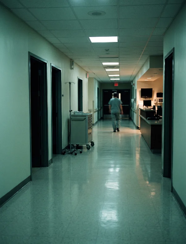 Illustration of a nurse walking away down a dim hospital corridor at night past a medication cart. Not an actual scene from the case.