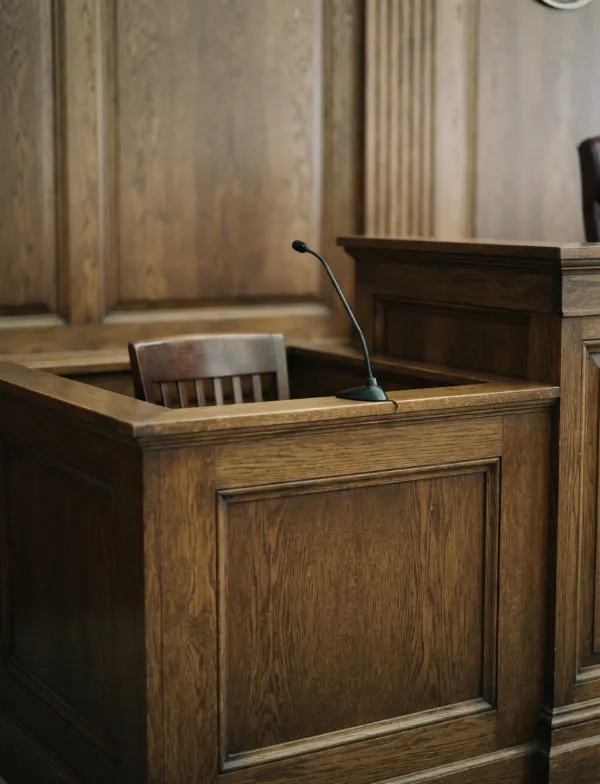 Illustration: empty wooden witness stand beside judge's bench