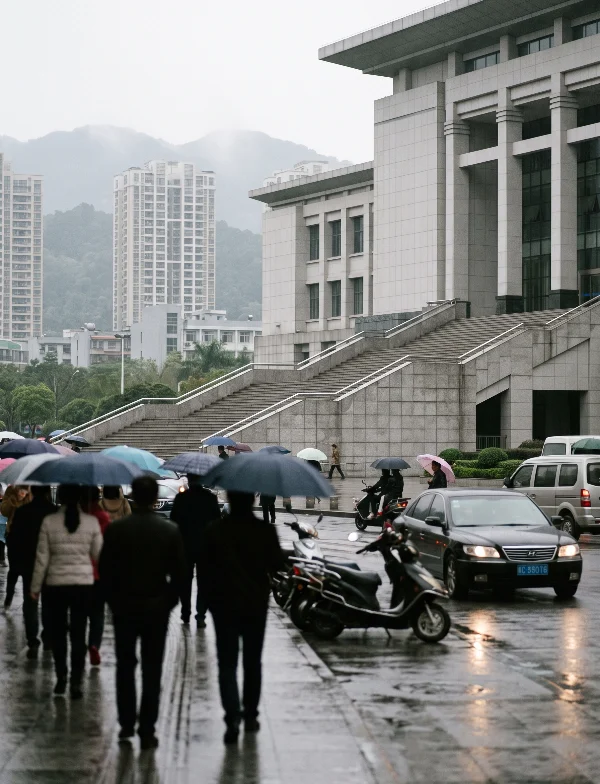 Illustration of people with umbrellas on a wet street below a large modern courthouse in a Chinese coastal city. Not an actual scene from the case.