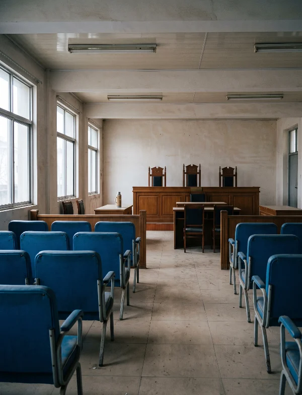 Illustration of an empty county courtroom with blue seats and a raised judges' bench in a small Chinese town. Not an actual scene from the case.