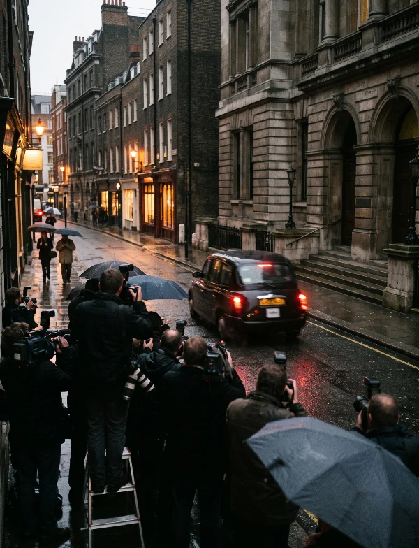 Illustration of press photographers under umbrellas outside a stone court building on a rainy London street with a black cab. Not an actual scene from the case.
