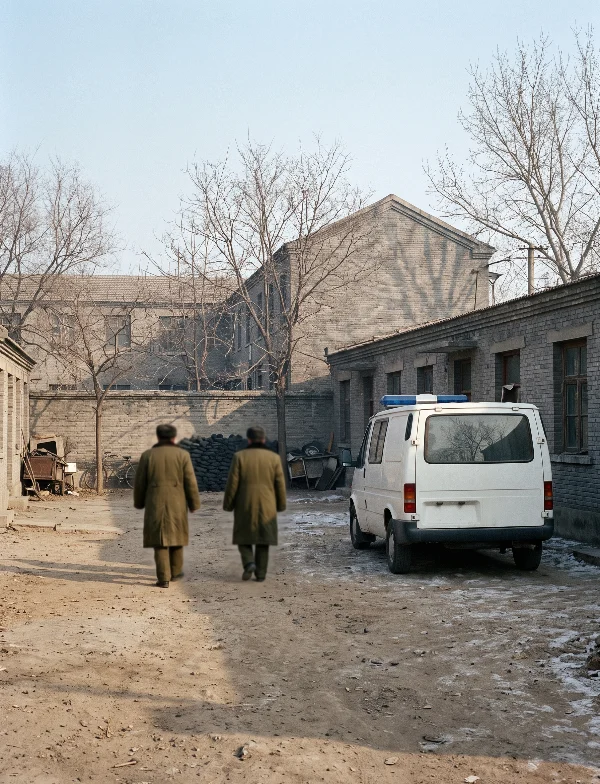 Illustration of two officers in greatcoats crossing a frosty police compound yard in a northern Chinese city. Not an actual scene from the case.
