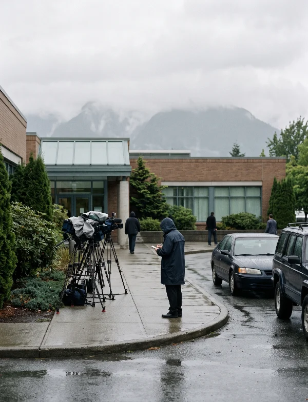Illustration of a reporter and parked camera tripods outside a suburban British Columbia courthouse with mountains in the rain. Not an actual scene from the case.