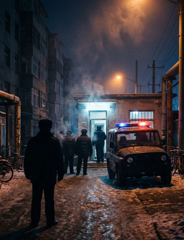 Illustration of police officers and a patrol vehicle outside a small station among apartment blocks on a snowy night in northeastern China. Not an actual scene from the case.