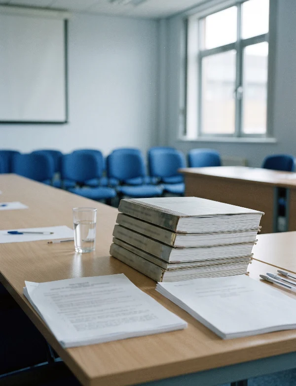 Illustration of a stack of bound inquiry reports and papers on a table in an empty hearing room with blue chairs. Not an actual scene from the case.