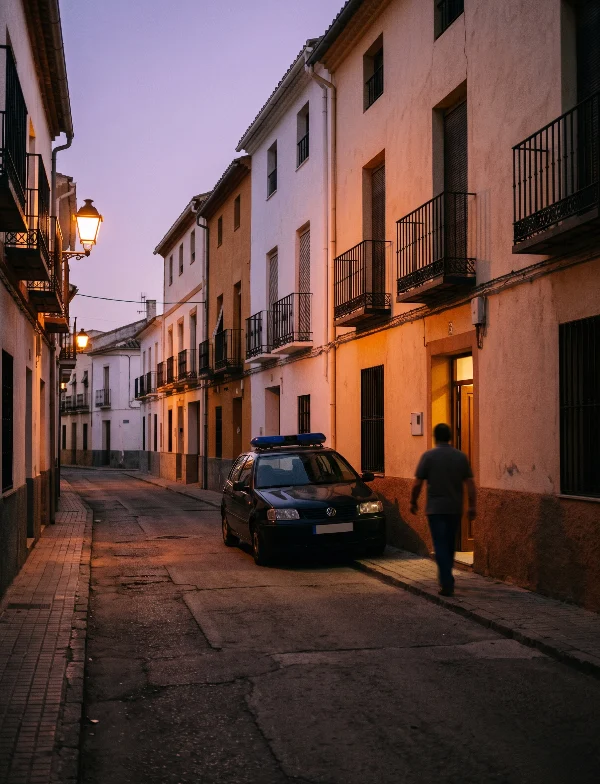 Illustration of a man walking toward a lit doorway past a parked police car on a narrow Spanish town street at dusk. Not an actual scene from the case.