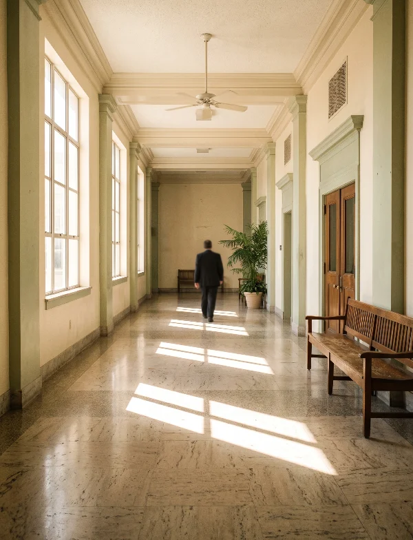 Illustration of a man walking down a sunlit courthouse corridor with wooden benches and a ceiling fan in Florida. Not an actual scene from the case.