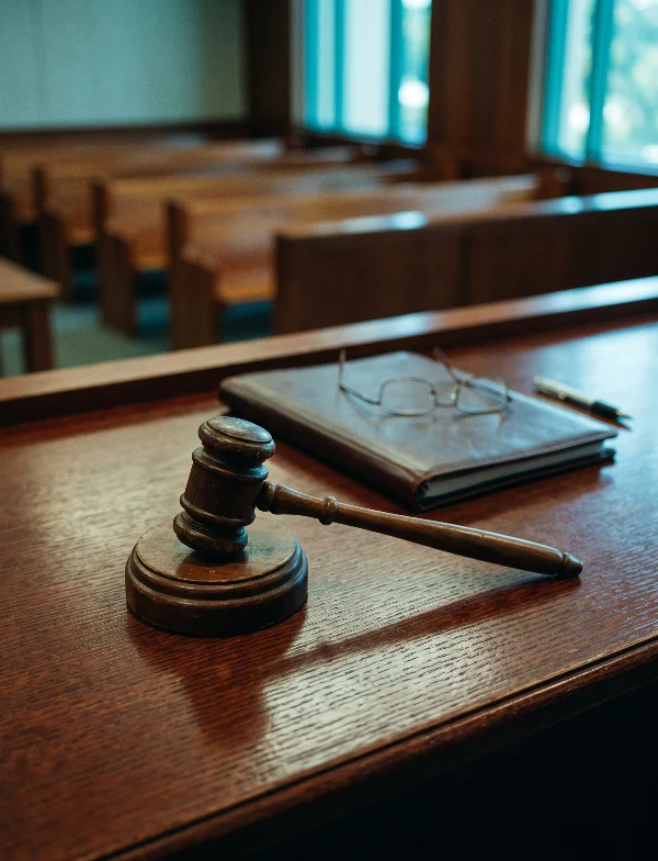 Illustration of a gavel and reading glasses on a judge's bench in an empty Florida courtroom. Not an actual scene from the case.