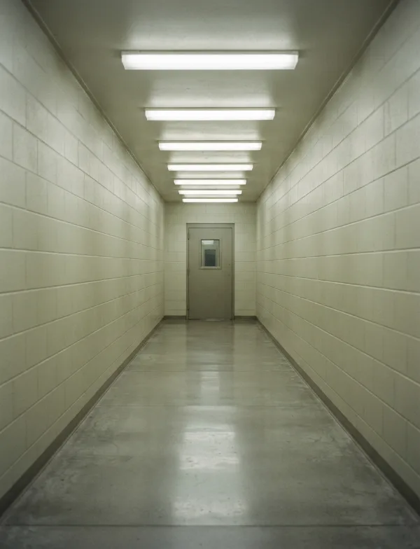 Illustration: plain institutional corridor leading to a closed steel door