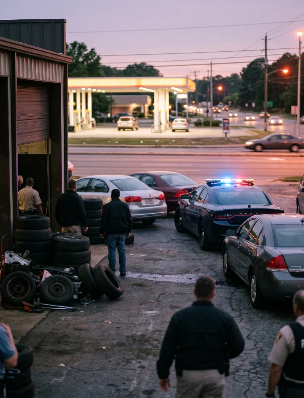 Illustration of officers approaching a tire shop on a commercial strip at dusk, a patrol car with flashing lights nearby. Not an actual scene from the case.