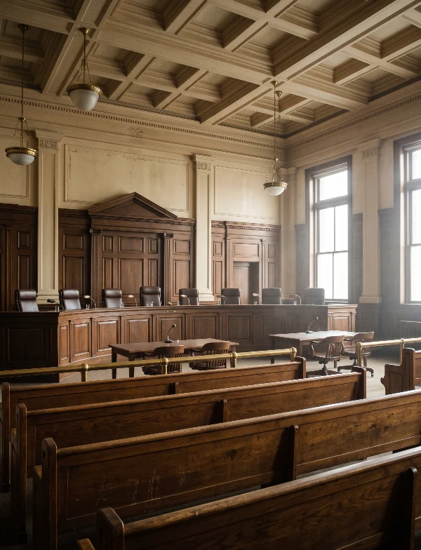 Illustration of an empty appellate courtroom with a coffered ceiling, tall windows and wooden benches. Not an actual scene from the case.