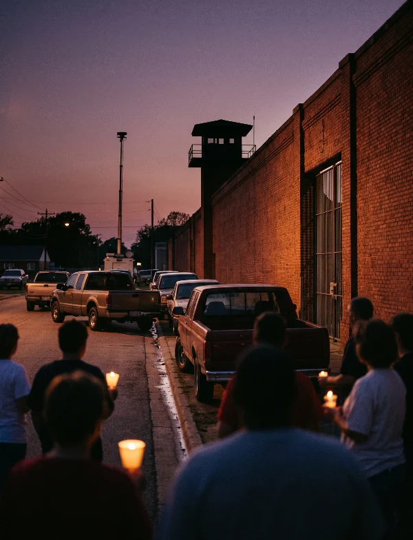 Illustration of people holding candles beside a red-brick prison wall and guard tower at dusk in Texas. Not an actual scene from the case.