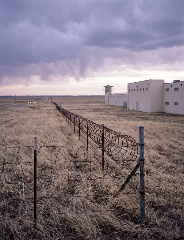 Illustration of a razor-wire fence running across dry prairie grass toward a white prison and watchtower under a stormy sky. Not an actual scene from the case.