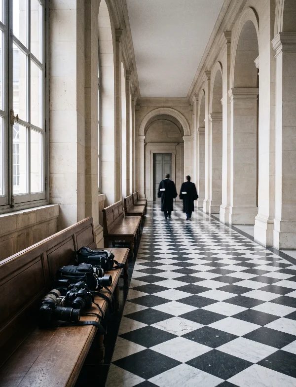 Illustration of two lawyers in black robes walking down an arched stone courthouse corridor with a checkered floor, camera bags on a bench. Not an actual scene from the case.