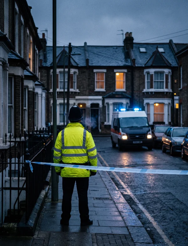 Illustration of a police officer in a high-visibility jacket guarding a taped-off London terraced street at dusk. Not an actual scene from the case.