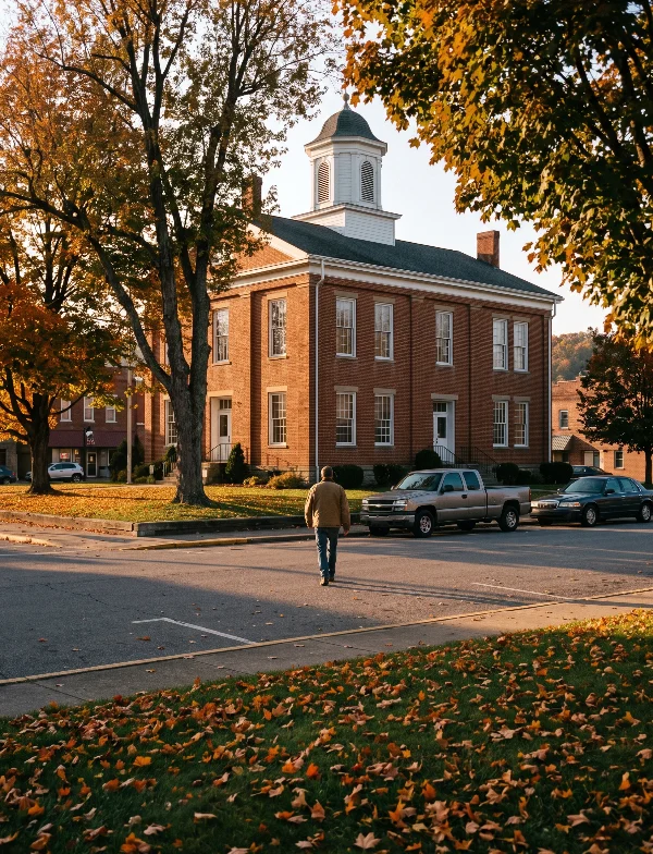 Illustration of a brick county courthouse on a quiet street in the hills of rural Appalachian Ohio. Not an actual scene from the case.