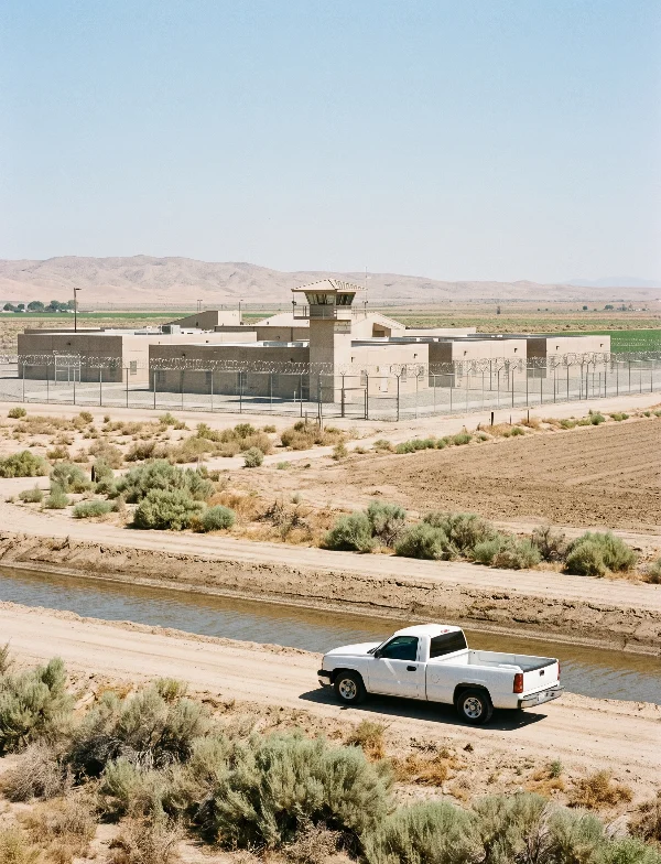 Illustration of a desert state prison behind a fence and guard tower, with a pickup truck on a canal road. Not an actual scene from the case.