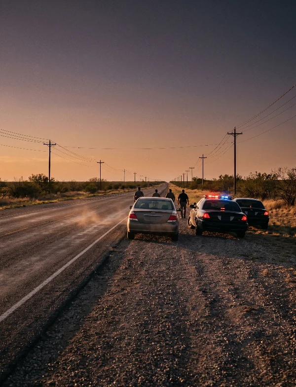 Illustration of police cars stopped behind a sedan on a West Texas highway at dusk. Not an actual scene from the case.