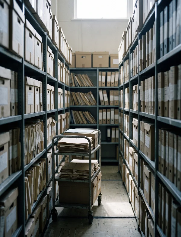 Illustration of shelves of archive boxes and files in a records room. Not an actual scene from the case.