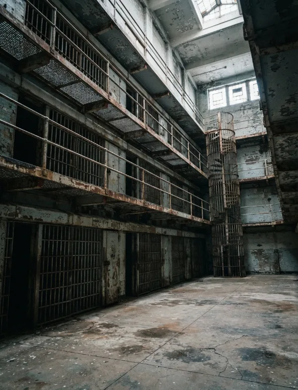 Illustration: multi-tier prison cellblock seen from the floor