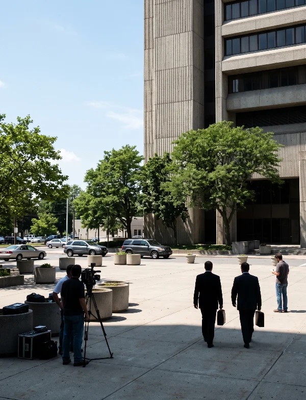 Illustration of a suburban New York courthouse plaza. Not an actual scene from the case.