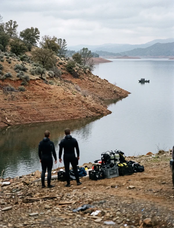 Illustration of two divers on the rocky shore of a California reservoir, with a boat on the water. Not an actual scene from the case.