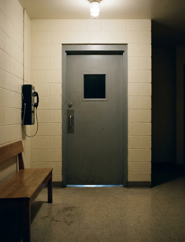 Illustration of a closed steel door at the end of a prison corridor, with a bench and a wall phone. Not an actual scene from the case.