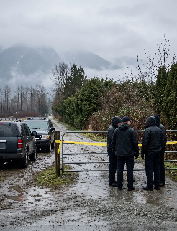 Illustration of police officers at a taped-off farm gate on a muddy rural road in the rain. Not an actual scene from the case.