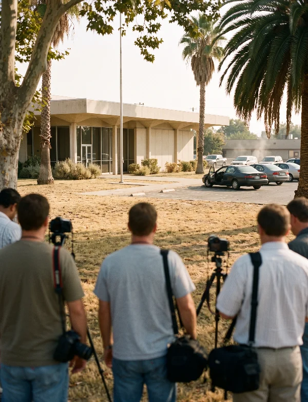 Illustration of news photographers waiting outside a low California courthouse among palm trees. Not an actual scene from the case.