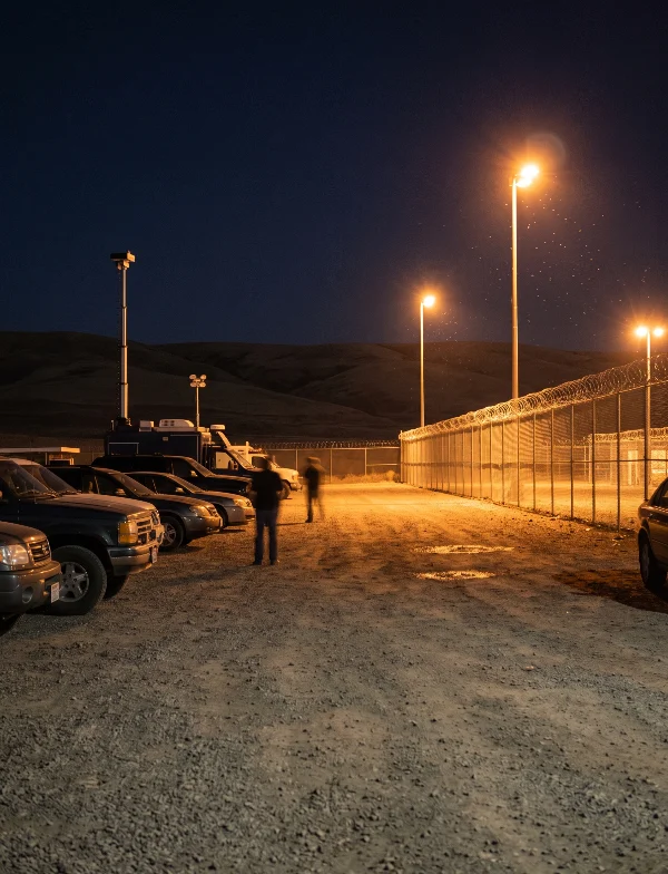 Illustration of a penitentiary in eastern Washington under floodlights at night. Not an actual scene from the case.