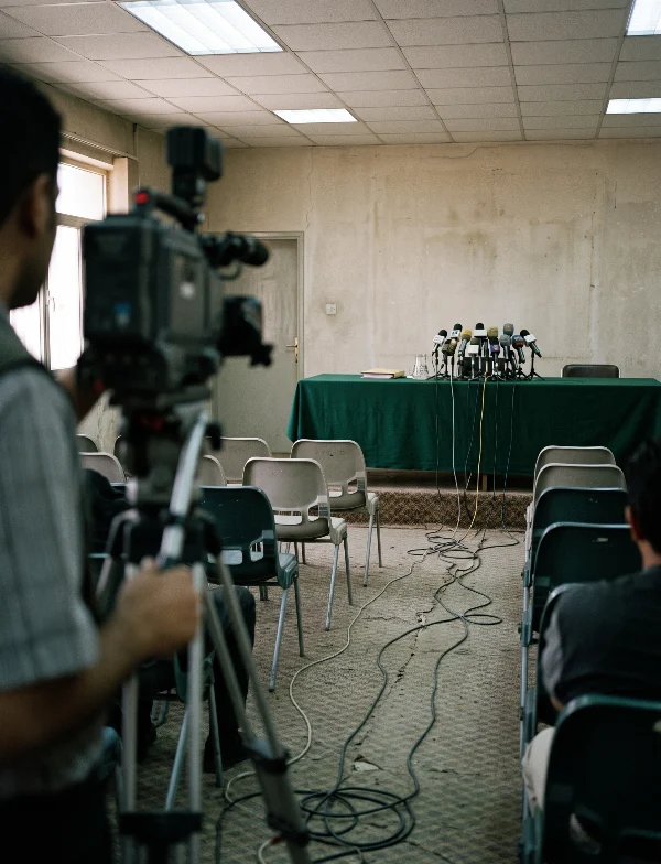 Illustration of an empty press-conference room with microphones on a table and a news camera in the foreground. Not an actual scene from the case.