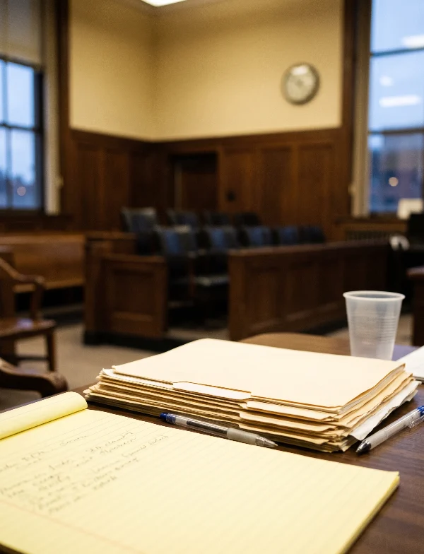 Illustration of case files and a legal pad on a table in an empty courtroom. Not an actual scene from the case.