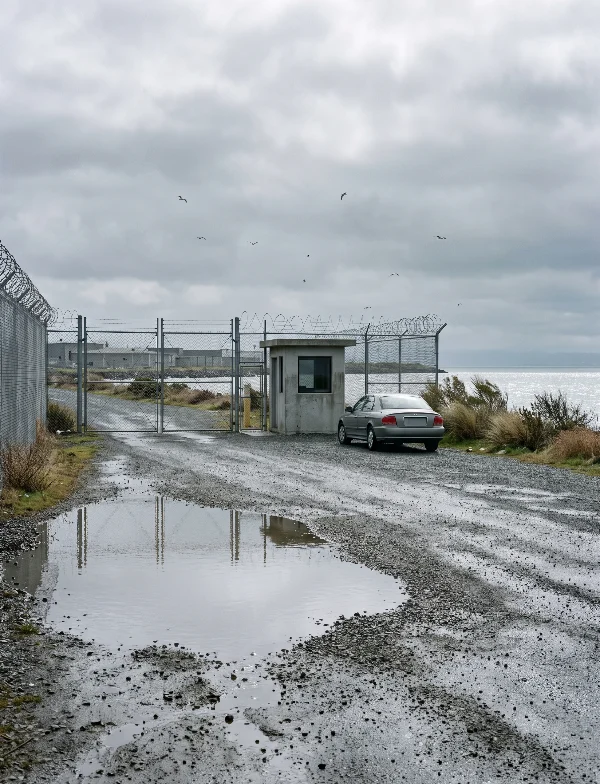 Illustration of a prison visitor gate under an overcast sky. Not an actual scene from the case.