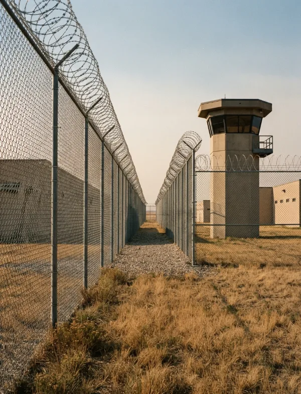Illustration: prison perimeter double fence with razor wire and guard tower
