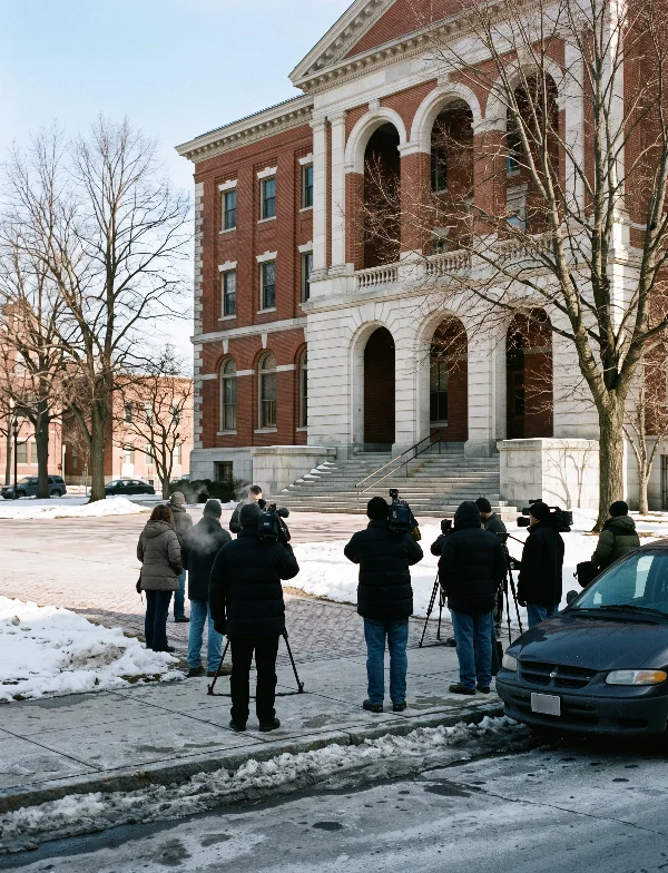 Illustration of news crews outside a brick New England federal courthouse in winter. Not an actual scene from the case.
