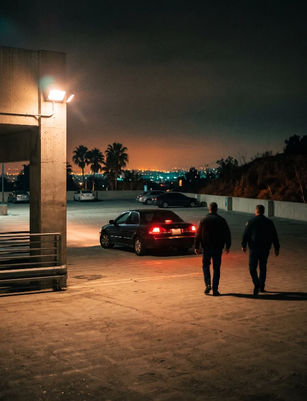 Illustration of two men walking toward a parked car on a rooftop lot at night above Los Angeles. Not an actual scene from the case.
