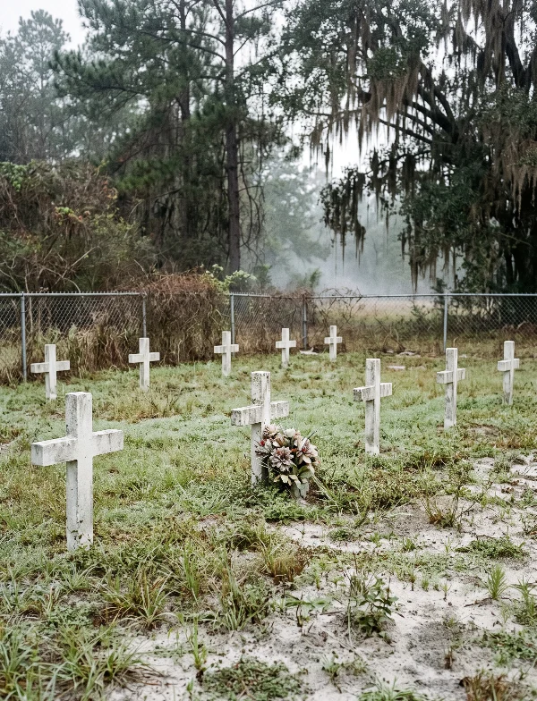 Illustration of white crosses in a small prison cemetery in the Florida pinewoods. Not an actual scene from the case.