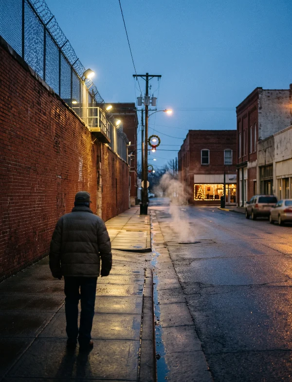 Illustration of a man walking past a brick prison wall in a small Texas town at dusk. Not an actual scene from the case.
