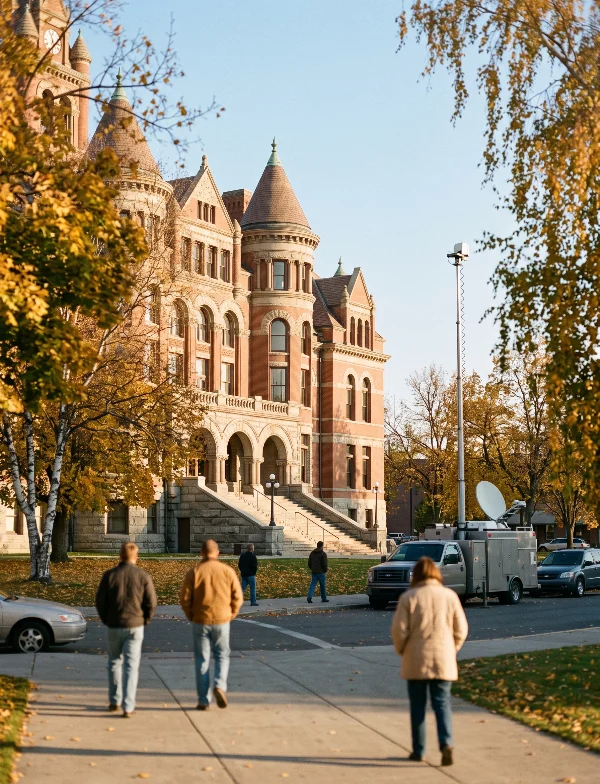 Illustration of people walking past a red sandstone county courthouse in autumn, with a news van parked nearby. Not an actual scene from the case.