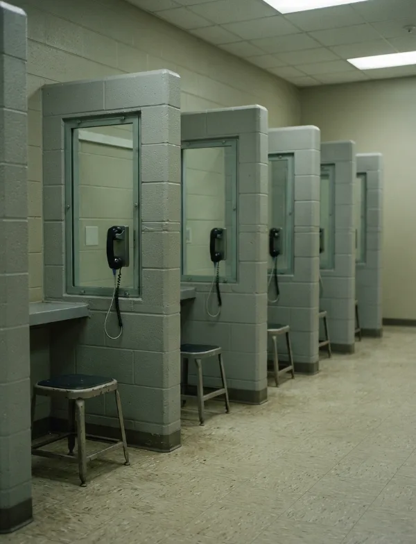 Illustration: empty prison visiting room with phone booths and glass partitions