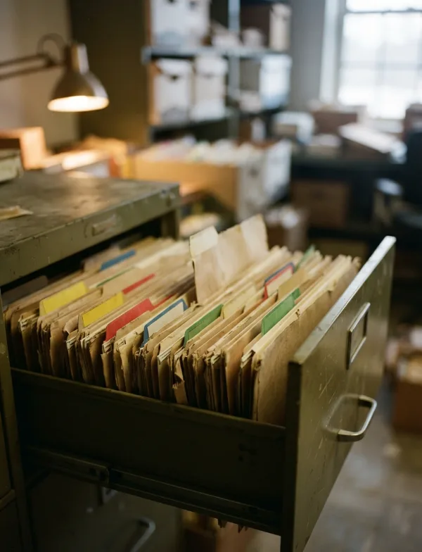 Illustration: open filing-cabinet drawer of 1980s case folders