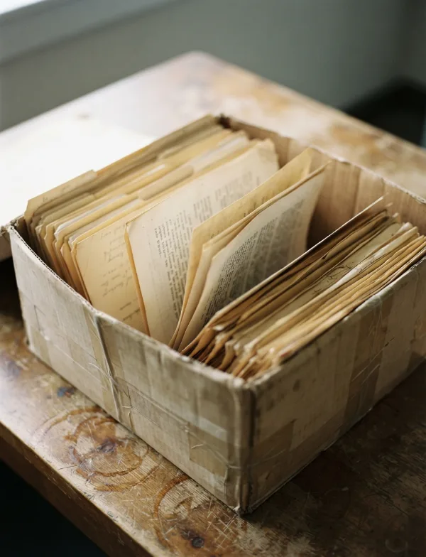 Illustration: open archive box of aged case folders on a wooden desk