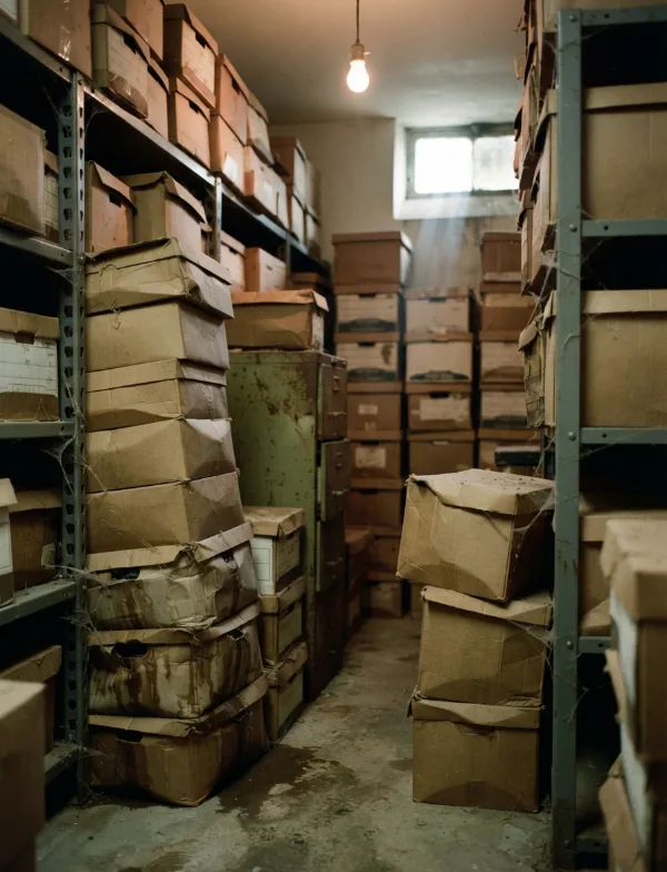 Illustration: stacks of old dusty evidence cartons in a records basement