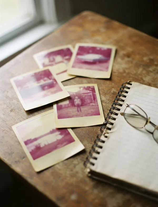Illustration: faded anonymous polaroids and old notebook on a table