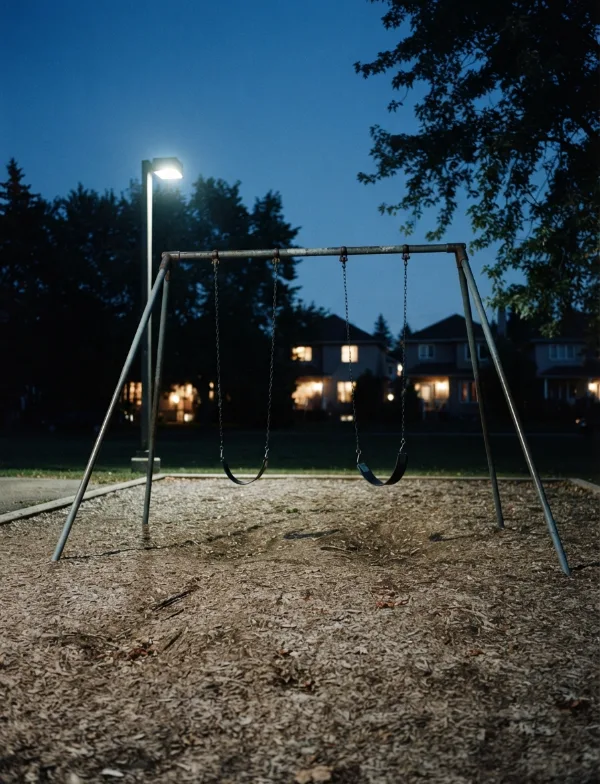 Illustration: empty swing moving slightly in a small park at dusk